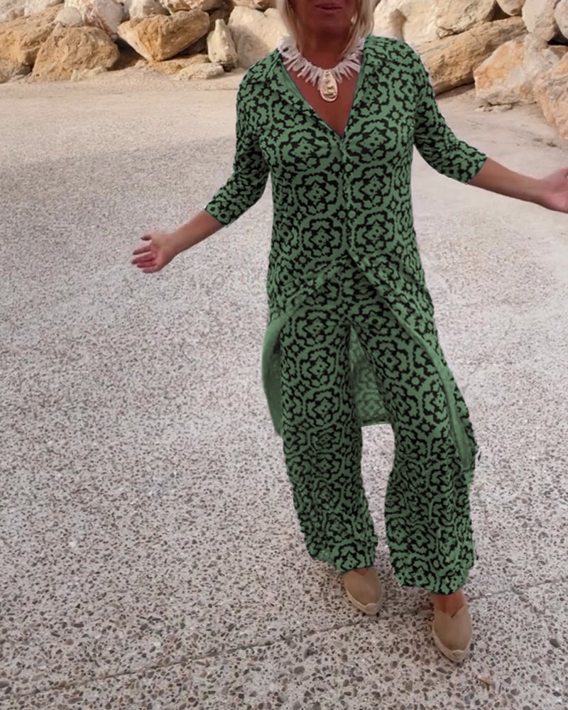 THERESE - Vintage gedrucktes zweiteiliges Set mit Revers und Knöpfen