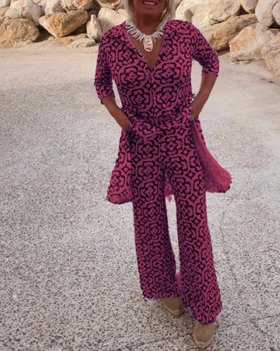 THERESE - Vintage gedrucktes zweiteiliges Set mit Revers und Knöpfen