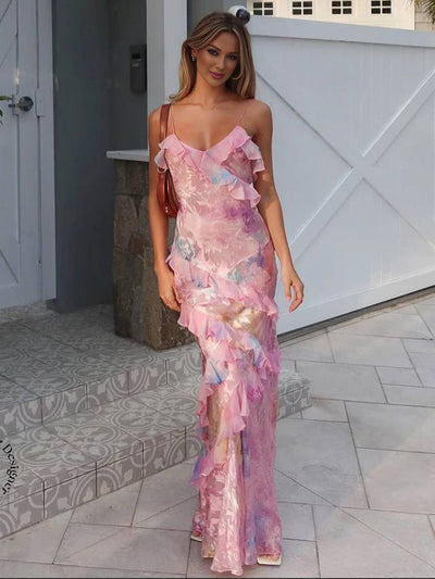 FIORELLA – Floral Ruffle Backless Maxi Kleid