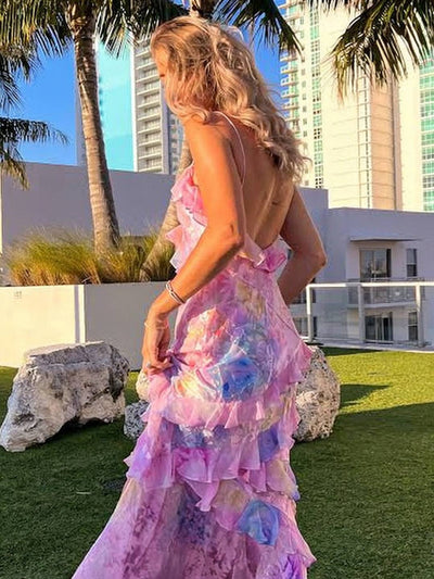 FIORELLA – Floral Ruffle Backless Maxi Kleid