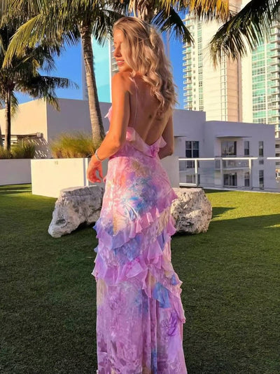FIORELLA – Floral Ruffle Backless Maxi Kleid