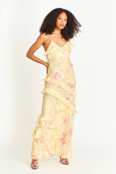 FIORELLA – Floral Ruffle Backless Maxi Kleid